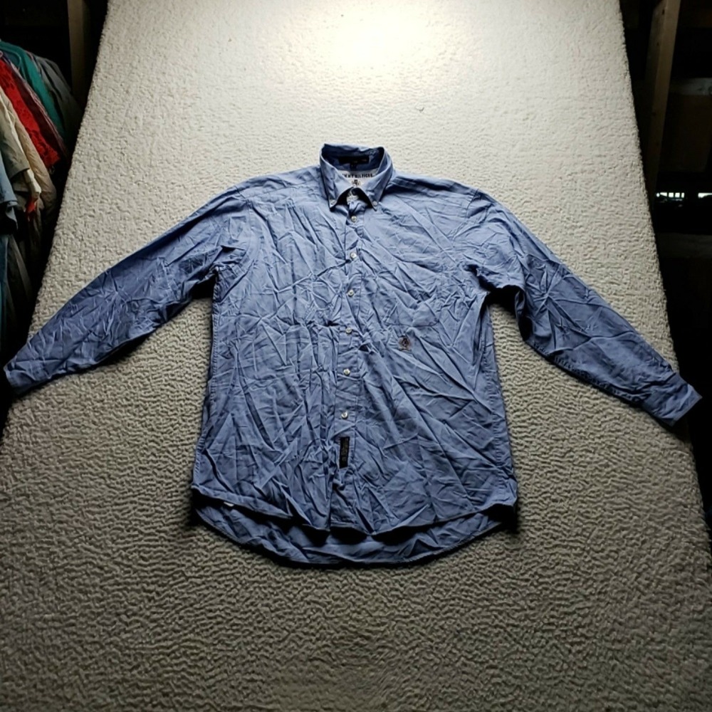 Tommy Hilfiger Dress Shirt Mens 15 32/33 Blue Solid Crest Button Down Cotton LS